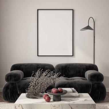 Oturma odasının duvarında poster çerçevesi var. Çağdaş tasarımı olan lüks bir apartman. Modern iç tasarım. 3B görüntüleme, 3B illüstrasyon