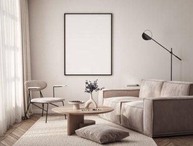 Oturma odasının duvarında poster çerçevesi var. Çağdaş tasarımı olan lüks bir apartman. Modern iç tasarım. 3B görüntüleme, 3B illüstrasyon