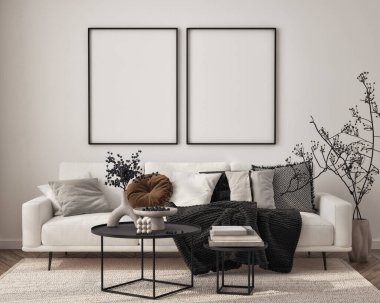 Oturma odasının duvarında poster çerçevesi var. Çağdaş tasarımı olan lüks bir apartman. Modern iç tasarım. 3B görüntüleme, 3B illüstrasyon