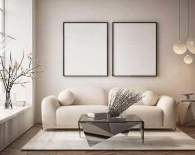 Oturma odasının duvarında poster çerçevesi var. Çağdaş tasarımı olan lüks bir apartman. Modern iç tasarım. 3B görüntüleme, 3B illüstrasyon