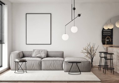 Oturma odasının duvarında poster çerçevesi var. Çağdaş tasarımı olan lüks bir apartman. Modern iç tasarım. 3B görüntüleme, 3B illüstrasyon