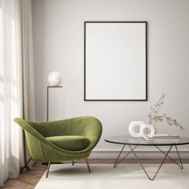 Oturma odasının duvarında poster çerçevesi var. Çağdaş tasarımı olan lüks bir apartman. Modern iç tasarım. 3B görüntüleme, 3B illüstrasyon