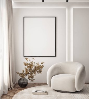 Oturma odasının duvarında poster çerçevesi var. Çağdaş tasarımı olan lüks bir apartman. Modern iç tasarım. 3B görüntüleme, 3B illüstrasyon