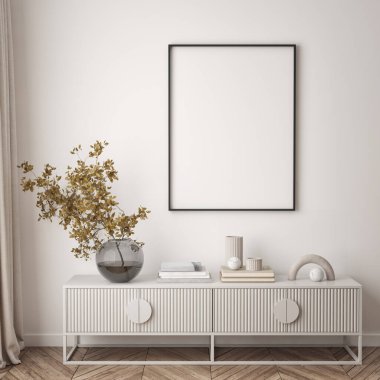 Oturma odasının duvarında poster çerçevesi var. Çağdaş tasarımı olan lüks bir apartman. Modern iç tasarım. 3B görüntüleme, 3B illüstrasyon
