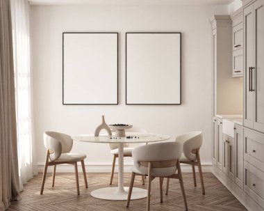 Oturma odasının duvarında poster çerçevesi var. Çağdaş tasarımı olan lüks bir apartman. Modern iç tasarım. 3B görüntüleme, 3B illüstrasyon