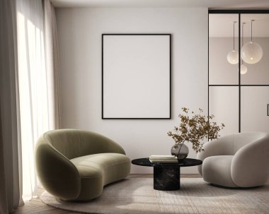 Oturma odasının duvarında poster çerçevesi var. Çağdaş tasarımı olan lüks bir apartman. Modern iç tasarım. 3B görüntüleme, 3B illüstrasyon