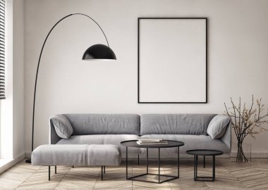 Oturma odasının duvarında poster çerçevesi var. Çağdaş tasarımı olan lüks bir apartman. Modern iç tasarım. 3B görüntüleme, 3B illüstrasyon