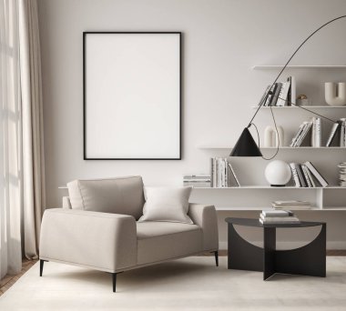 Oturma odasının duvarında poster çerçevesi var. Çağdaş tasarımı olan lüks bir apartman. Modern iç tasarım. 3B görüntüleme, 3B illüstrasyon