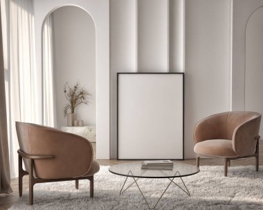 Oturma odasının duvarında poster çerçevesi var. Çağdaş tasarımı olan lüks bir apartman. Modern iç tasarım. 3B görüntüleme, 3B illüstrasyon