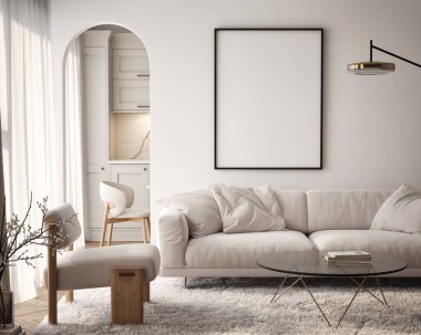 Oturma odasının duvarında poster çerçevesi var. Çağdaş tasarımı olan lüks bir apartman. Modern iç tasarım. 3B görüntüleme, 3B illüstrasyon