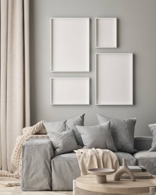 Oturma odasının duvarında poster çerçevesi var. Çağdaş tasarımı olan lüks bir apartman. Modern iç tasarım. 3B görüntüleme, 3B illüstrasyon