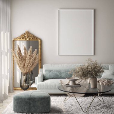 Oturma odasının duvarında poster çerçevesi var. Çağdaş tasarımı olan lüks bir apartman. Modern iç tasarım. 3B görüntüleme, 3B illüstrasyon