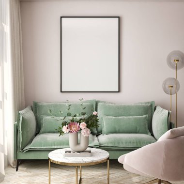 Oturma odasının duvarında poster çerçevesi var. Çağdaş tasarımı olan lüks bir apartman. Modern iç tasarım. 3B görüntüleme, 3B illüstrasyon