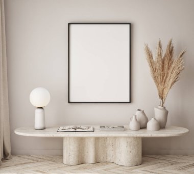 Oturma odasının duvarında poster çerçevesi var. Çağdaş tasarımı olan lüks bir apartman. Modern iç tasarım. 3B görüntüleme, 3B illüstrasyon