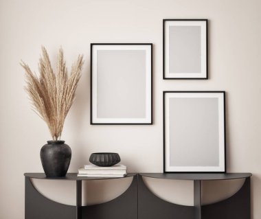 Oturma odasının duvarında poster çerçevesi var. Çağdaş tasarımı olan lüks bir apartman. Modern iç tasarım. 3B görüntüleme, 3B illüstrasyon