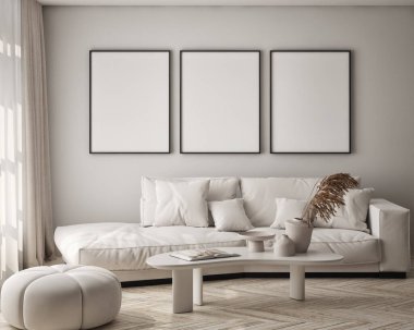 Oturma odasının duvarında poster çerçevesi var. Çağdaş tasarımı olan lüks bir apartman. Modern iç tasarım. 3B görüntüleme, 3B illüstrasyon