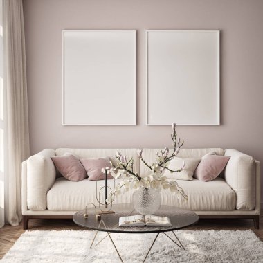 Oturma odasının duvarında poster çerçevesi var. Çağdaş tasarımı olan lüks bir apartman. Modern iç tasarım. 3B görüntüleme, 3B illüstrasyon