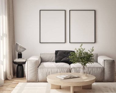 Oturma odasının duvarında poster çerçevesi var. Çağdaş tasarımı olan lüks bir apartman. Modern iç tasarım. 3B görüntüleme, 3B illüstrasyon