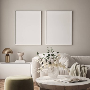 Oturma odasının duvarında poster çerçevesi var. Çağdaş tasarımı olan lüks bir apartman. Modern iç tasarım. 3B görüntüleme, 3B illüstrasyon