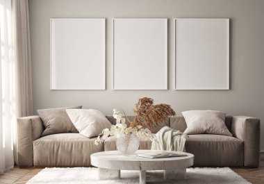 Oturma odasının duvarında poster çerçevesi var. Çağdaş tasarımı olan lüks bir apartman. Modern iç tasarım. 3B görüntüleme, 3B illüstrasyon