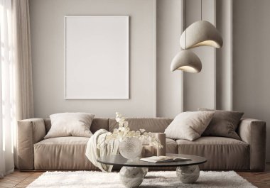 Oturma odasının duvarında poster çerçevesi var. Çağdaş tasarımı olan lüks bir apartman. Modern iç tasarım. 3B görüntüleme, 3B illüstrasyon