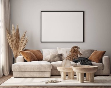 Oturma odasının duvarında poster çerçevesi var. Çağdaş tasarımı olan lüks bir apartman. Modern iç tasarım. 3B görüntüleme, 3B illüstrasyon