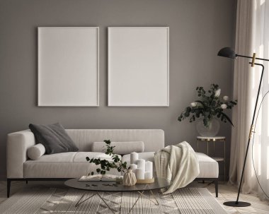 Oturma odasının duvarında poster çerçevesi var. Çağdaş tasarımı olan lüks bir apartman. Modern iç tasarım. 3B görüntüleme, 3B illüstrasyon