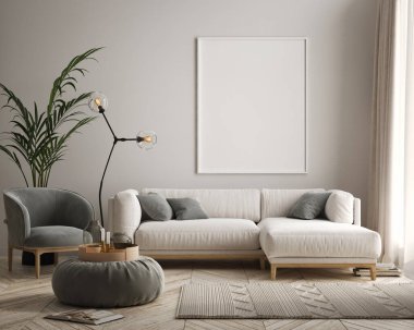 Oturma odasının duvarında poster çerçevesi var. Çağdaş tasarımı olan lüks bir apartman. Modern iç tasarım. 3B görüntüleme, 3B illüstrasyon