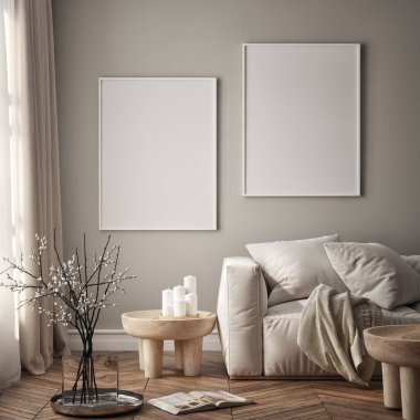 Oturma odasının duvarında poster çerçevesi var. Çağdaş tasarımı olan lüks bir apartman. Modern iç tasarım. 3B görüntüleme, 3B illüstrasyon