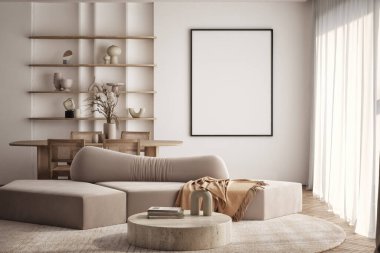 Oturma odasının duvarında poster çerçevesi var. Çağdaş tasarımı olan lüks bir apartman. Modern iç tasarım. 3B görüntüleme, 3B illüstrasyon