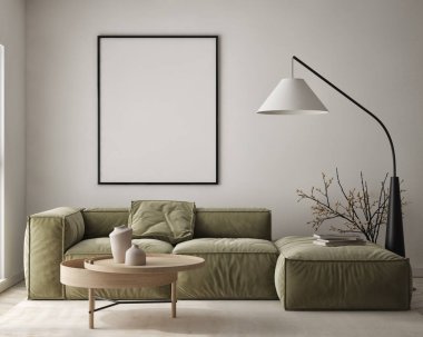 Oturma odasının duvarında poster çerçevesi var. Çağdaş tasarımı olan lüks bir apartman. Modern iç tasarım. 3B görüntüleme, 3B illüstrasyon