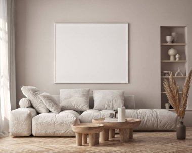 Oturma odasının duvarında poster çerçevesi var. Çağdaş tasarımı olan lüks bir apartman. Modern iç tasarım. 3B görüntüleme, 3B illüstrasyon