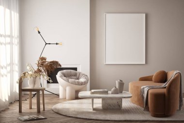 Oturma odasının duvarında poster çerçevesi var. Çağdaş tasarımı olan lüks bir apartman. Modern iç tasarım. 3B görüntüleme, 3B illüstrasyon