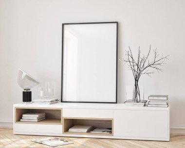 Oturma odasının duvarındaki poster çerçeveleri. İç modelleme. Daire arkaplanı. Modern Japon iç tasarımı. 3 Boyutlu Hazırlama