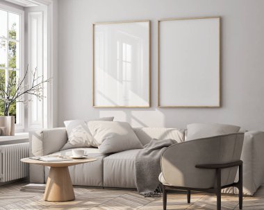 Oturma odasının duvarındaki poster çerçeveleri. İç modelleme. Daire arkaplanı. Modern Japon iç tasarımı. 3 Boyutlu Hazırlama