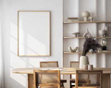 Oturma odasının duvarındaki poster çerçeveleri. İç modelleme. Daire arkaplanı. Modern Japon iç tasarımı. 3 Boyutlu Hazırlama