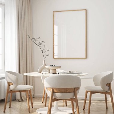 Oturma odasının duvarındaki poster çerçeveleri. İç modelleme. Daire arkaplanı. Modern Japon iç tasarımı. 3 Boyutlu Hazırlama