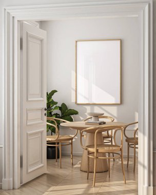 Dikey bir ISO çerçeve modeli, yansıtıcı cam, oturma odasının duvarında bir maket poster. İç modelleme. Daire arkaplanı. Modern Japon iç tasarımı. 3 Boyutlu Hazırlama