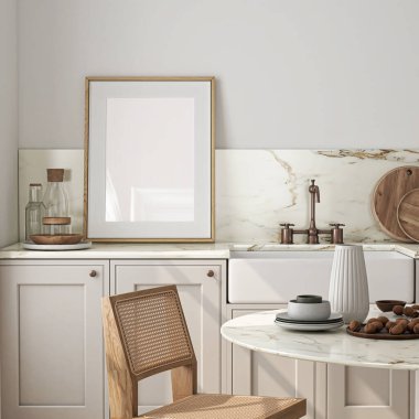 Dikey bir ISO çerçeve modeli, yansıtıcı cam, oturma odasının duvarında bir maket poster. İç modelleme. Daire arkaplanı. Modern Japon iç tasarımı. 3 Boyutlu Hazırlama