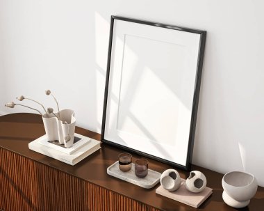 Çerçeve modeli, dikey ISO kağıt boyutu, yansıtıcı cam, oturma odasının duvarında maket posteri. İç modelleme. Daire arkaplanı. Modern Japon iç tasarımı. 3 Boyutlu Hazırlama