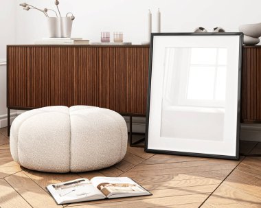 Çerçeve modeli, dikey ISO kağıt boyutu, yansıtıcı cam, oturma odasının duvarında maket posteri. İç modelleme. Daire arkaplanı. Modern Japon iç tasarımı. 3 Boyutlu Hazırlama