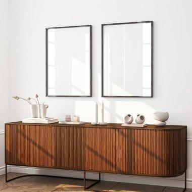 Çerçeve modeli, dikey ISO kağıt boyutu, yansıtıcı cam, oturma odasının duvarında maket posteri. İç modelleme. Daire arkaplanı. Modern Japon iç tasarımı. 3 Boyutlu Hazırlama