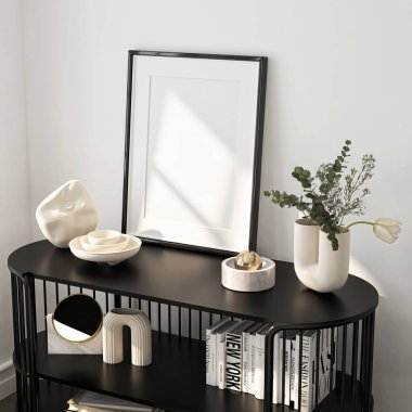 Çerçeve modeli, tek dikey ISO. Kağıt boyutu, yansıtıcı cam, oturma odasının duvarında maket posteri. İç modelleme. Daire arkaplanı. Modern Japon iç tasarımı. 3 Boyutlu Hazırlama