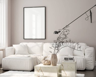 Çerçeve modeli, tek dikey ISO. Kağıt boyutu, yansıtıcı cam, oturma odasının duvarında maket posteri. İç modelleme. Daire arkaplanı. Modern Japon iç tasarımı. 3 Boyutlu Hazırlama