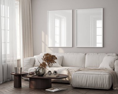 Çerçeve modeli, tek dikey ISO. Kağıt boyutu, yansıtıcı cam, oturma odasının duvarında maket posteri. İç modelleme. Daire arkaplanı. Modern Japon iç tasarımı. 3 Boyutlu Hazırlama
