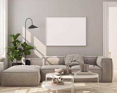 Çerçeve modeli, tek dikey ISO. Kağıt boyutu, yansıtıcı cam, oturma odasının duvarında maket posteri. İç modelleme. Daire arkaplanı. Modern Japon iç tasarımı. 3 Boyutlu Hazırlama