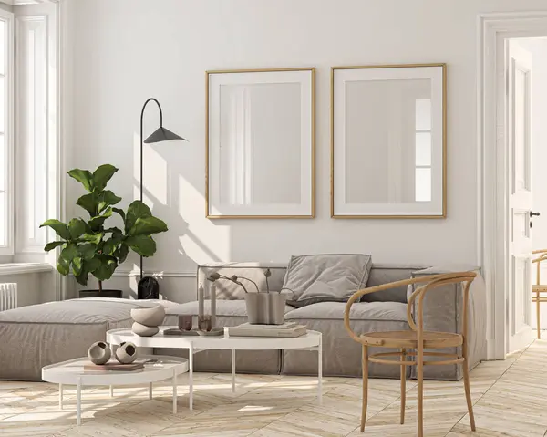 Frame mockup, single vertical ISO A paper size, reflective glass, mockup poster on the wall of living room. Interior mockup. Apartment background. Modern Japandi interior design. 3D render