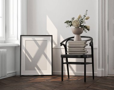 Çerçeve modeli, tek portre ISO. Kağıt boyutu, yansıtıcı cam. Oturma odasının duvarında poster modeli var. İç modelleme. Daire arkaplanı. Modern iç tasarım. 3 Boyutlu Hazırlama