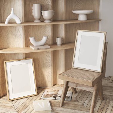 Çerçeve modeli, ISO. Kağıt boyutunda. Oturma odası poster modeli. Evin arka planına sahip iç modeller. Modern iç tasarım. 3 Boyutlu Hazırlama