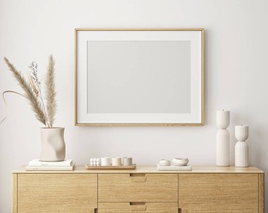 Çerçeve modeli, ISO. Kağıt boyutunda. Oturma odası poster modeli. Evin arka planına sahip iç modeller. Modern iç tasarım. 3 Boyutlu Hazırlama